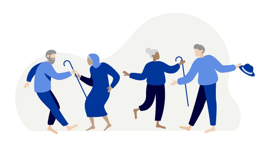 Blåvit illustration på fyra personer, de står två och två mot varandra, en yngre mot en äldre 