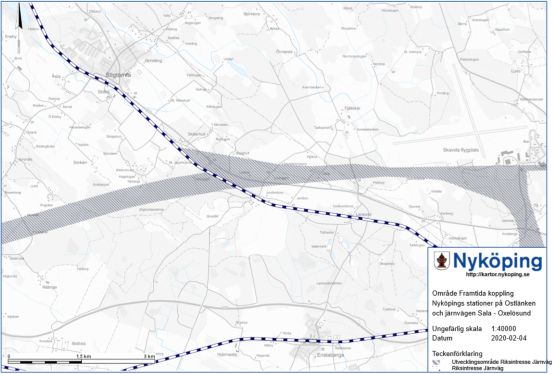 Karta över de sträckor där kommunen anser att bebyggelse under vissa förutsättningar bör kunna tillåtas närmare än Trafikverkets riktlinje om 30 meter från järnvägsanläggning.