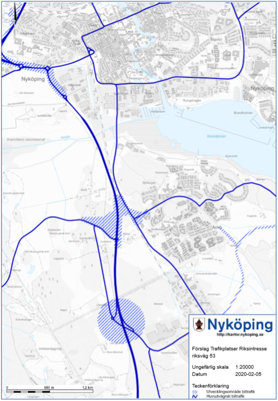 Kommunen anser att riksväg 53 syd ska kompletteras med en ny planerad trafikplats vid anslutning till Arnöleden samt en utvidgning av trafikplatsen nordväst Idbäcken. Dessa ska därefter ingå i riksintresset.  Kompletteras med karta över förslagna trafikplatser riksintresse vägtrafik riksväg 53.