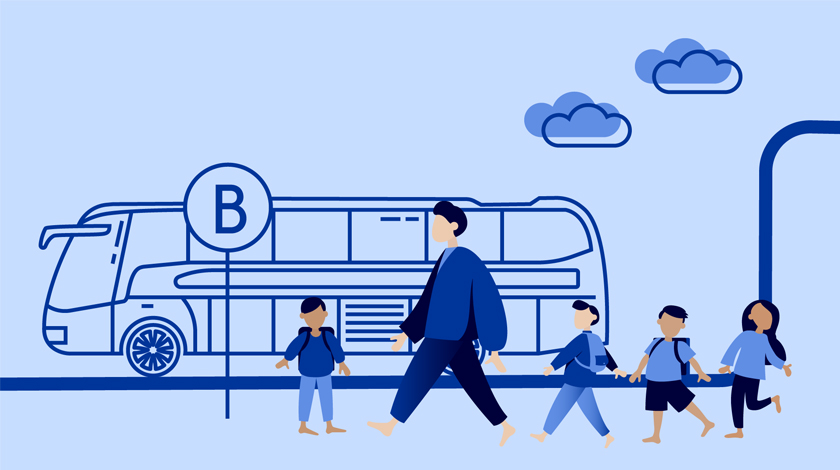 Blå illustration på skolbuss och barn som väntar på bussen