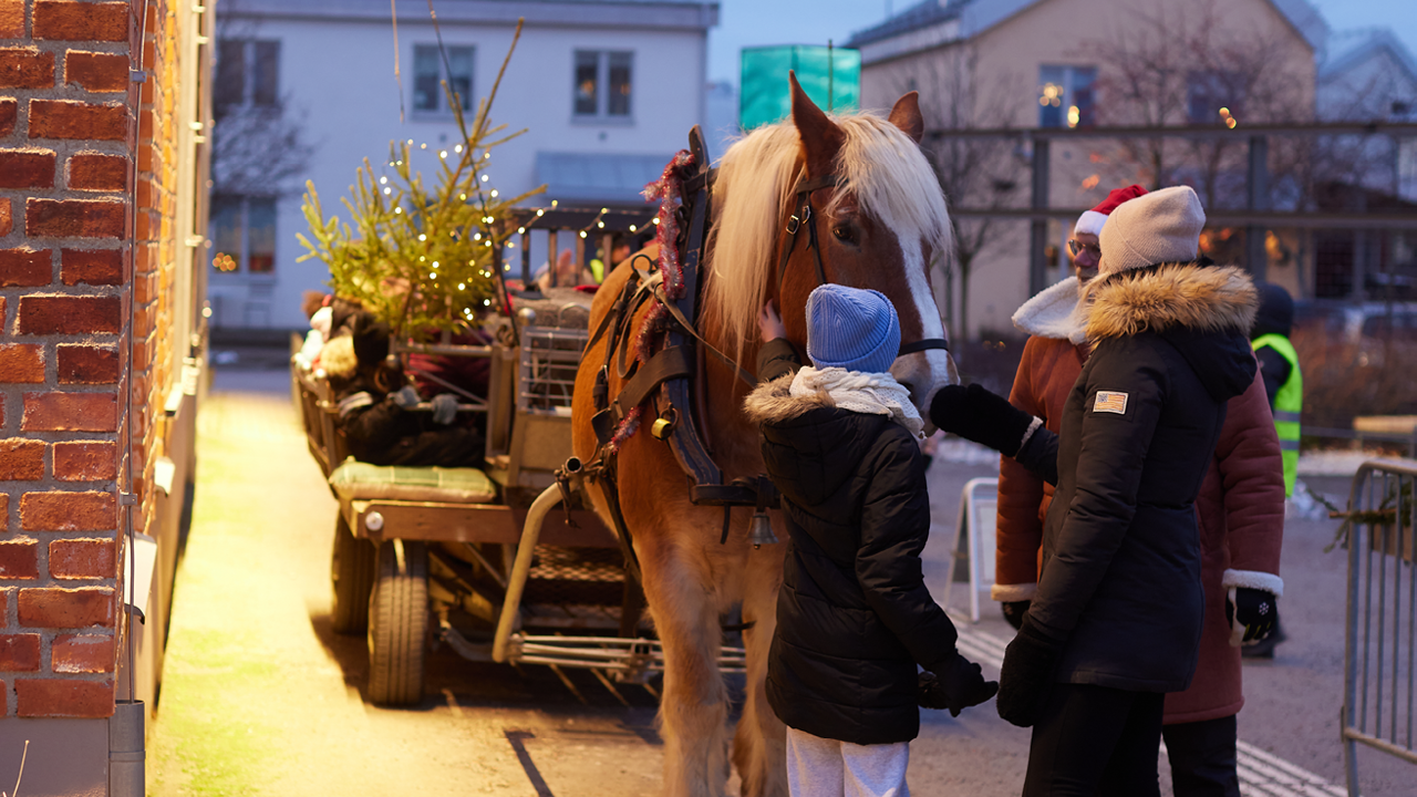 Bild på en häst och vagn och människor