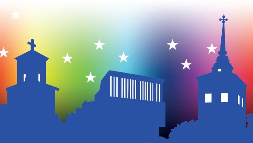 Illustration: regnbågsfärger i bakgrund, vita stjärnor och blå byggnader