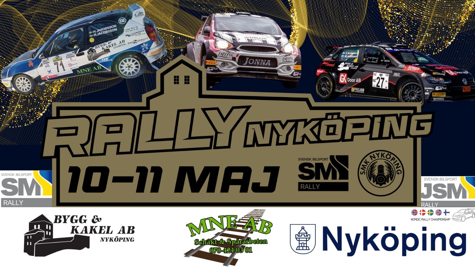 Tre rallybilar med texten Rally Nyköping 10-11 maj Nyköping
