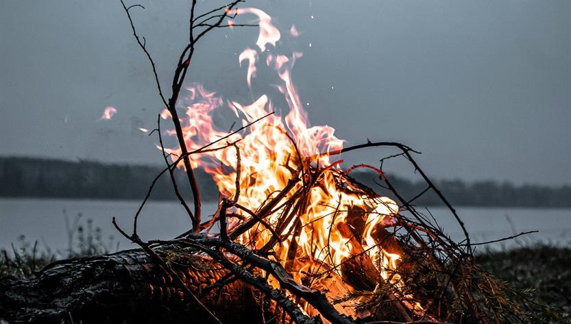 Liten eld på marken av pinnar och trädgårdsavfall