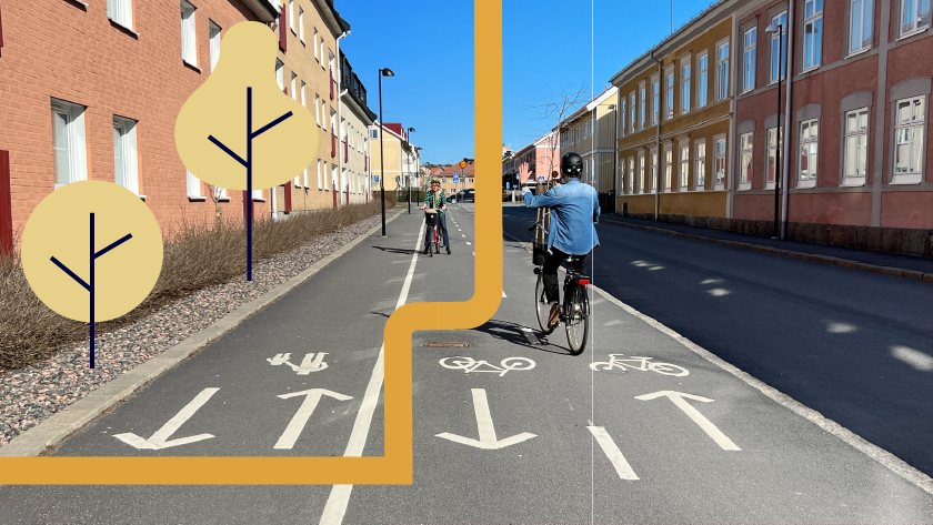 Vägbana som visar cykelbana i olika riktningar och väg för fotgängare. 2 personer med cykel på cykelvägar 