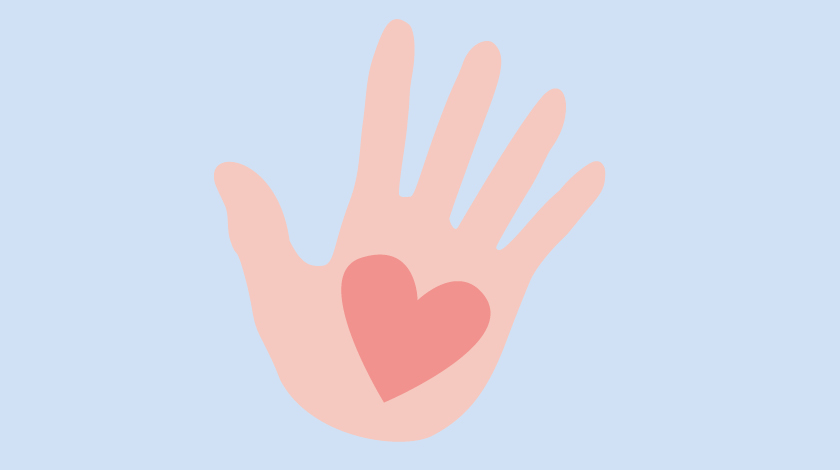 Illustration på en hand  i stopptecken med ett hjärta på