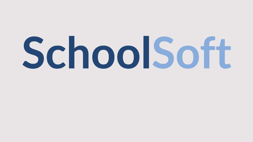 Logotype, i blå skrift står det Schoolsoft mot vit bakgrund