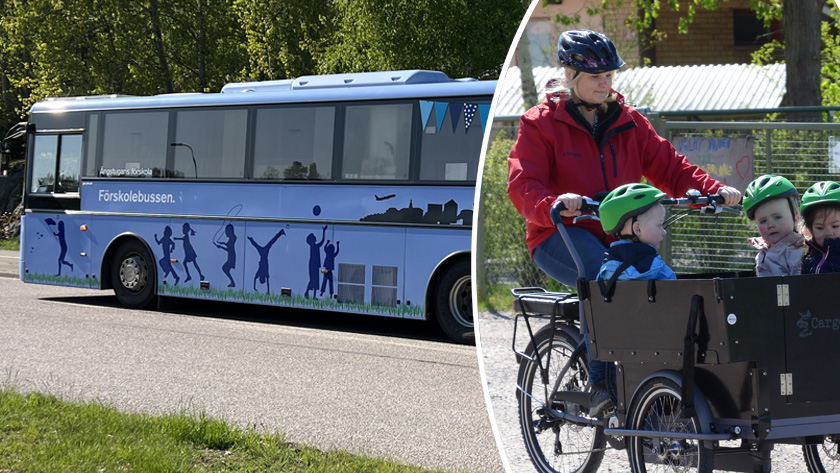 Två bilder i en och samma: Blå förskolebuss och förskolecykel, en cykel med stor låda  med barn i
